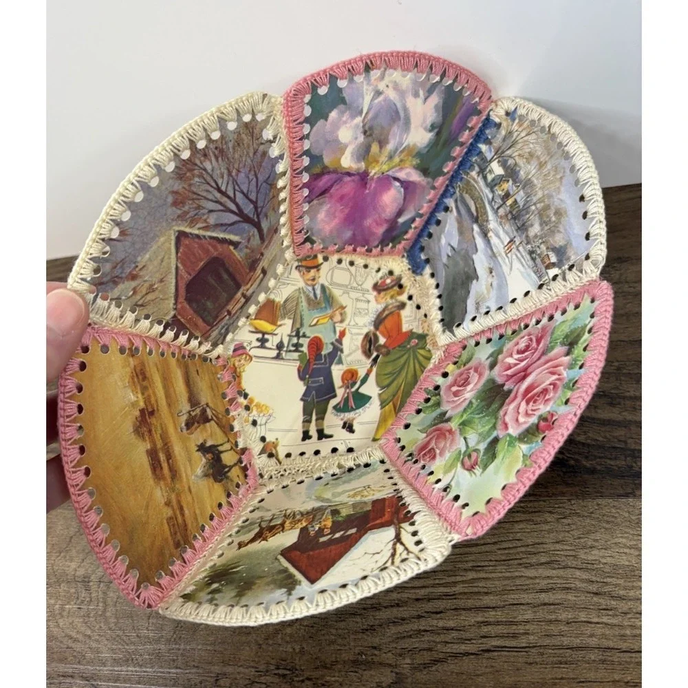 Vintage Handmade Stitched Ephemera Greeting Card Basket Christmas Bowl